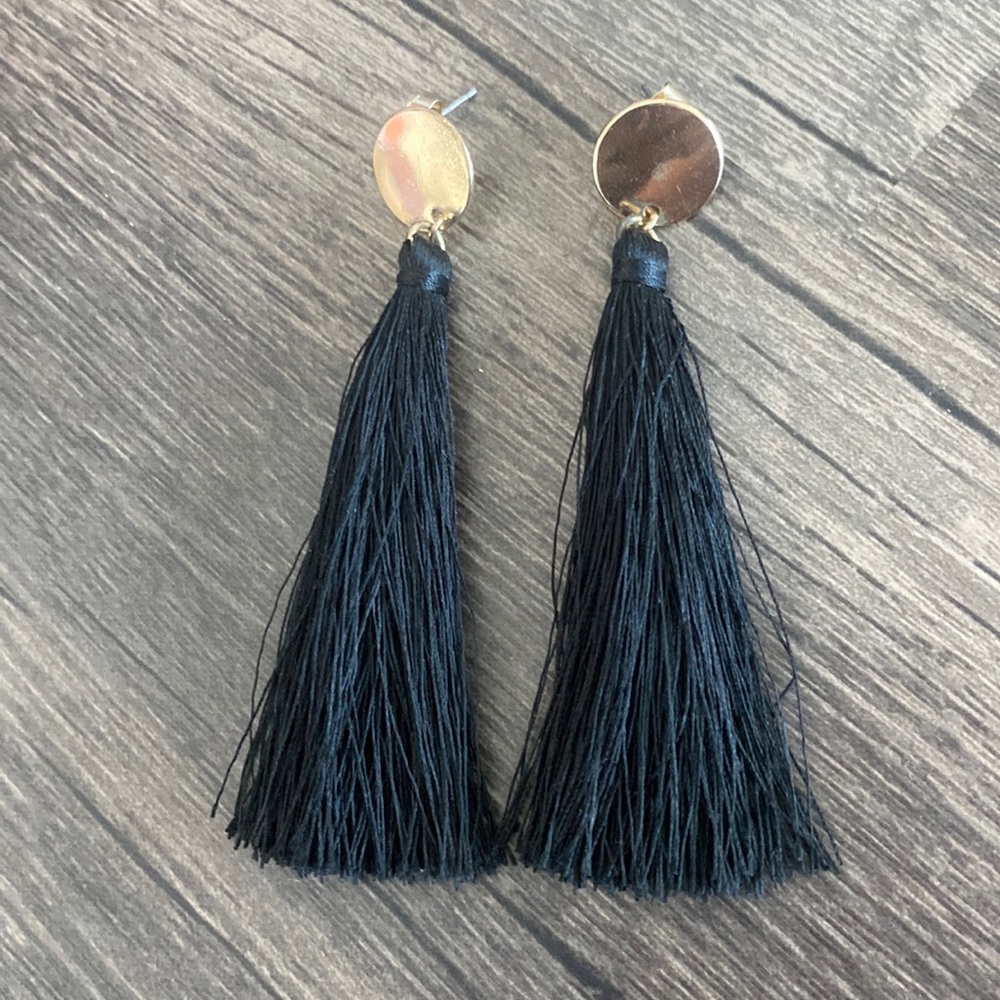 Black tassel earrings w gold stud posts (tassels are around 2.5 inches)